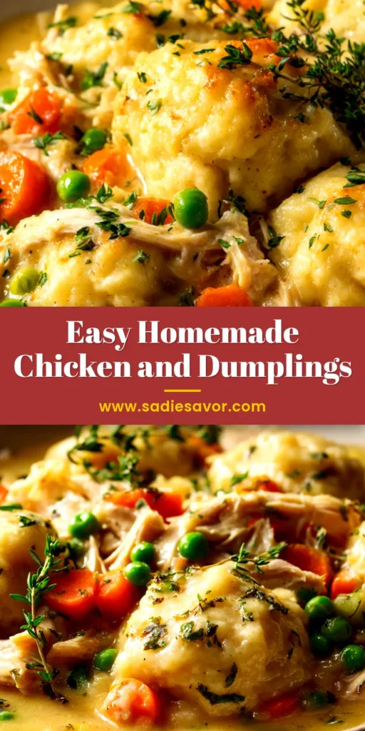 A cozy bowl of Chicken and Dumplings from Scratch, featuring fluffy dumplings in a creamy broth with tender chicken and vegetables. The ultimate comfort food recipe.