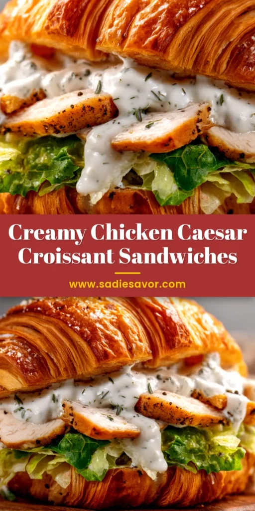 A delicious Chicken Caesar Croissant Sandwich cut in half to show the filling of chicken, lettuce, and parmesan on a white plate.