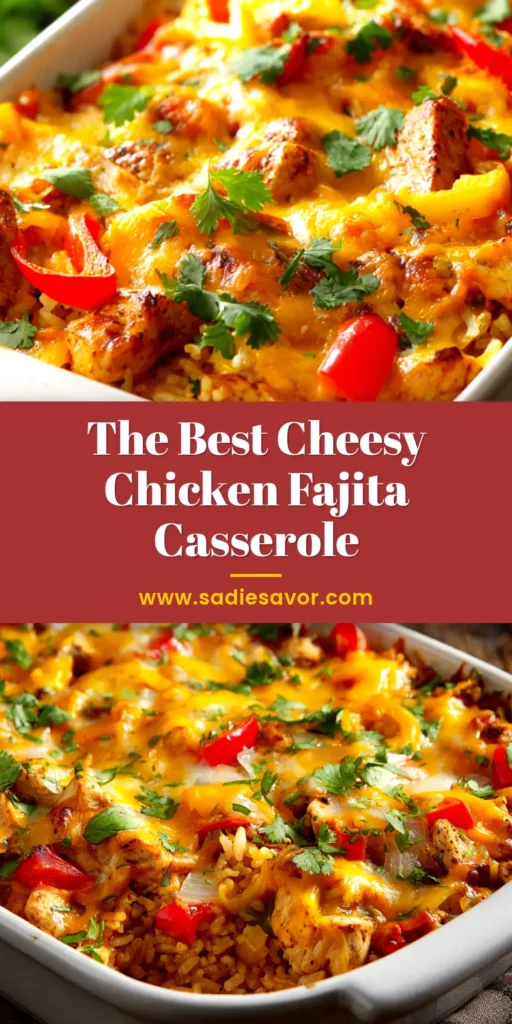 A top-down view of a freshly baked chicken fajita casserole in a white dish, showing melted cheese, colorful peppers, and chicken. The perfect easy and cheesy weeknight dinner idea.