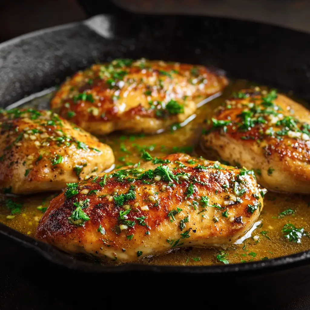 Chicken breasts being coated in a rich garlic herb butter sauce before baking in the oven.