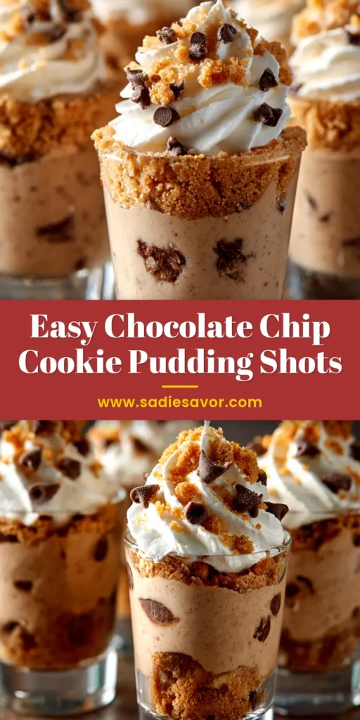 A tray of Chocolate Chip Cookie Pudding Shots garnished with mini cookies. This easy, boozy party dessert recipe is a guaranteed crowd-pleaser.