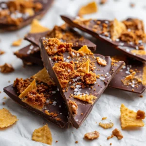A beautiful flat lay of broken pieces of sweet and salty chocolate potato chip candy, showcasing its crunchy texture.