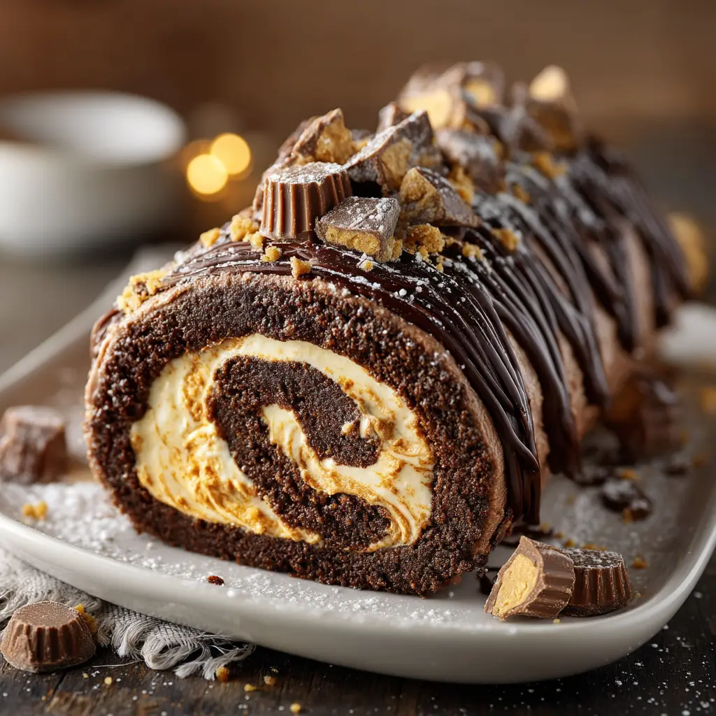 Peanut Butter Cup Chocolate Roll: A Foolproof Guide 2 A close-up shot of the rich chocolate cake roll being filled with a creamy peanut butter frosting before being rolled up.