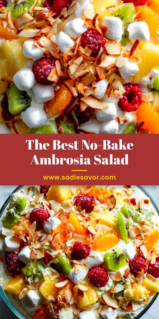 A large glass bowl filled with classic Ambrosia Fruit Salad, showing cherries, pineapple, and mandarin oranges in a creamy dressing, ready for a potluck.