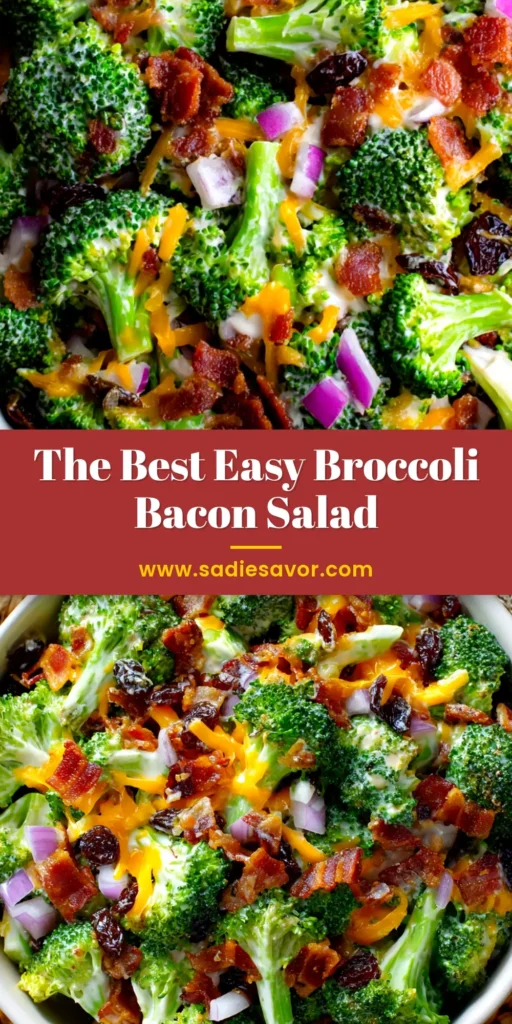 An overhead shot of a classic Broccoli Salad Recipe in a white serving bowl, topped with bacon and cheddar cheese, ready for a potluck.