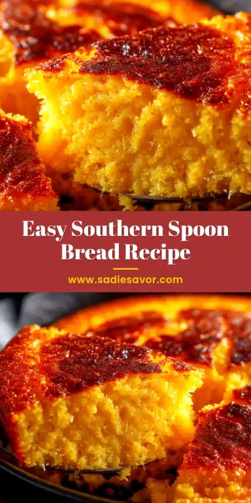 Spoon Bread Recipe (The Ultimate Southern Classic) 4 A delicious, golden-brown Spoon Bread baked in a rustic cast-iron skillet, with a spoonful scooped out to show its creamy, soufflé-like interior. This easy Spoon Bread recipe is the perfect Southern side dish.