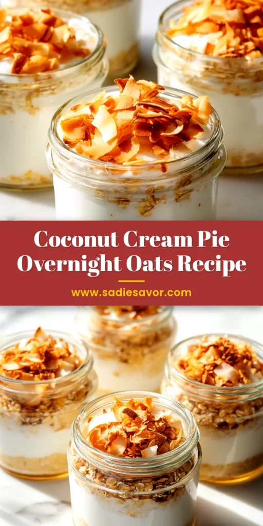 A close-up shot of creamy coconut cream pie overnight oats in a glass jar, topped with toasted coconut flakes and a dollop of whipped cream.