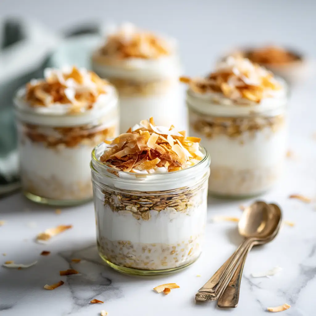 A top-down view of healthy coconut cream breakfast prep in jars, ready to be refrigerated.