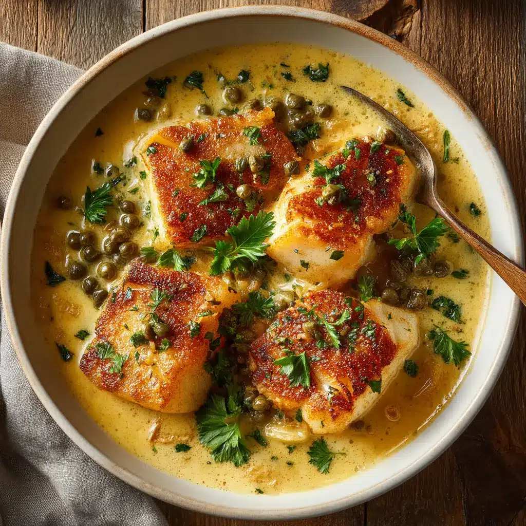 A skillet containing Cod Piccata, with a spoon drizzling extra lemon butter caper sauce over a fillet.