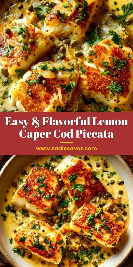 An overhead shot of Cod Piccata in a skillet. The golden-seared cod fillets are covered in a vibrant lemon butter sauce with capers and fresh parsley.