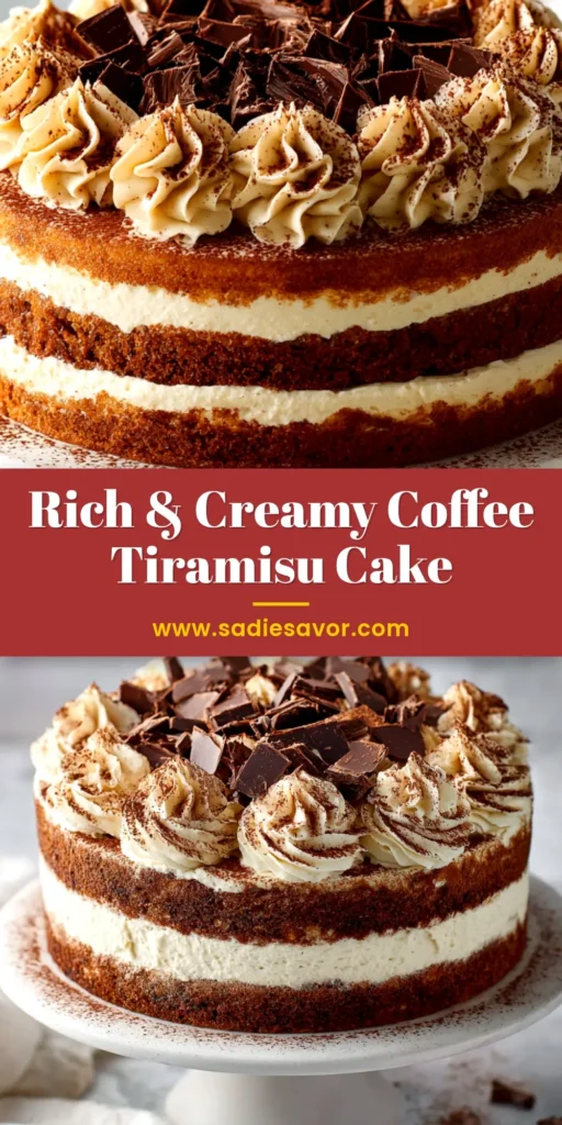 A perfect slice of Coffee Tiramisu Cake on a white plate, showcasing layers of coffee-soaked ladyfingers and mascarpone cream, dusted with cocoa powder.