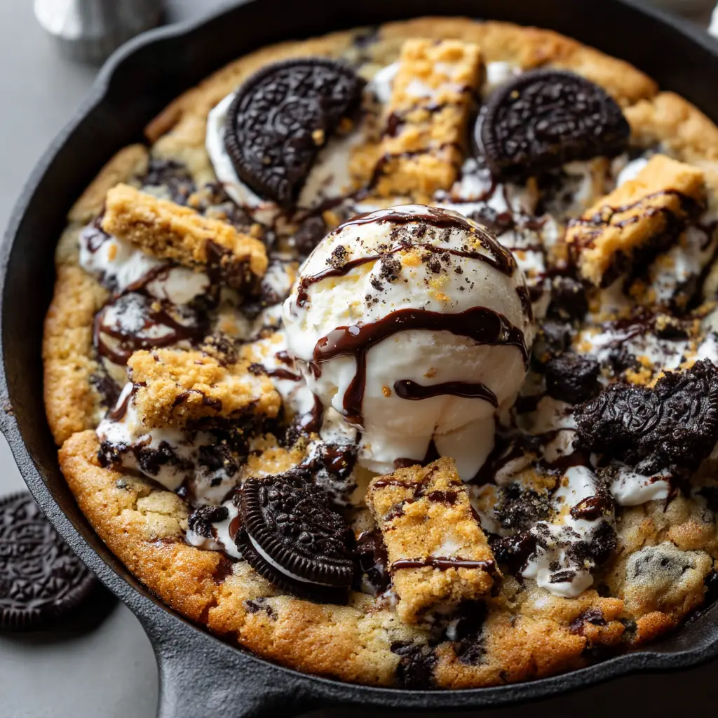 Cookies and Cream Skillet Cookie (The Ultimate Gooey Dessert) 2 A close-up overhead shot of a freshly baked cookies and cream cast iron cookie, showing the golden-brown edges and soft, cookie-filled center.