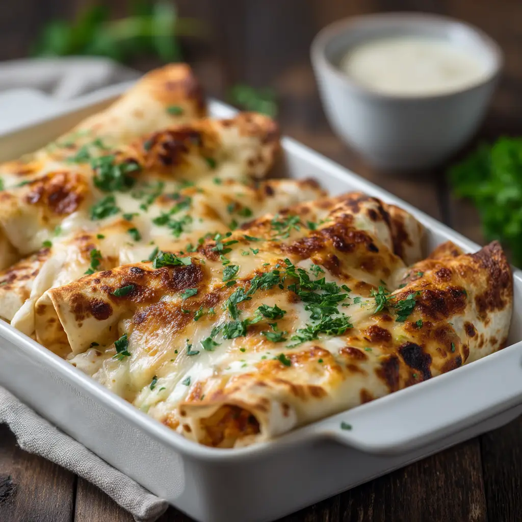 A close-up view of a cheesy garlic chicken wrap being cooked in a skillet, showing the tortilla turning golden and crispy as the cheese begins to melt.