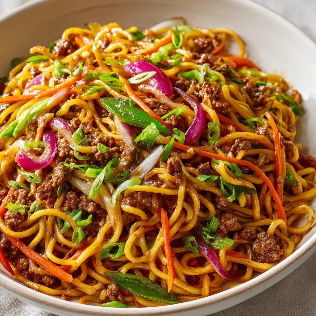 Ground Beef Lo Mein (Better Than Takeout!) 2 A close-up view of the ground beef and vegetable stir fry for the lo mein cooking in a skillet.