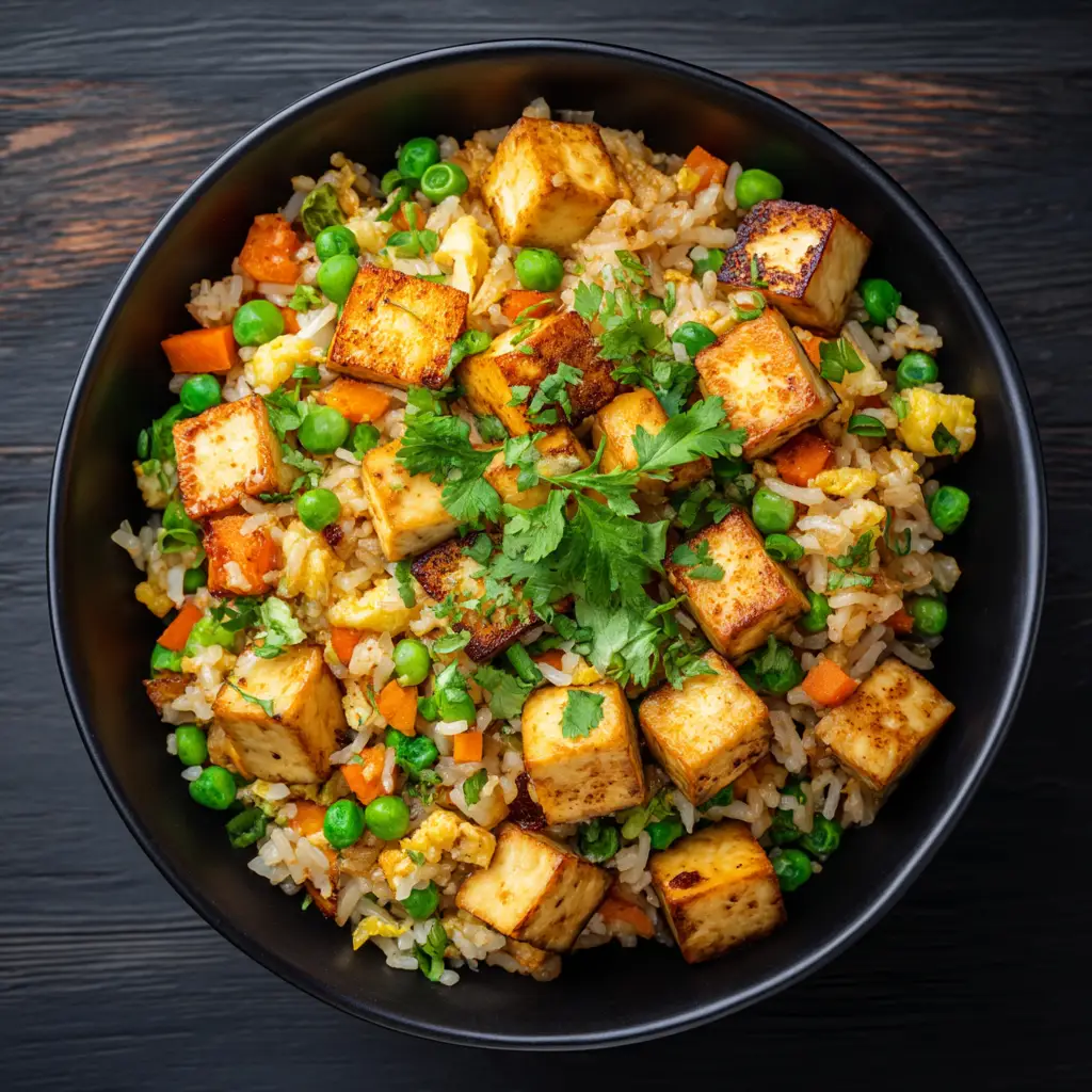 Tofu Fried Rice (The BEST Crispy Recipe!) 1 A pan of tofu fried rice being stir-fried, with visible steam. This shows the process of making the healthy vegetarian fried rice.
