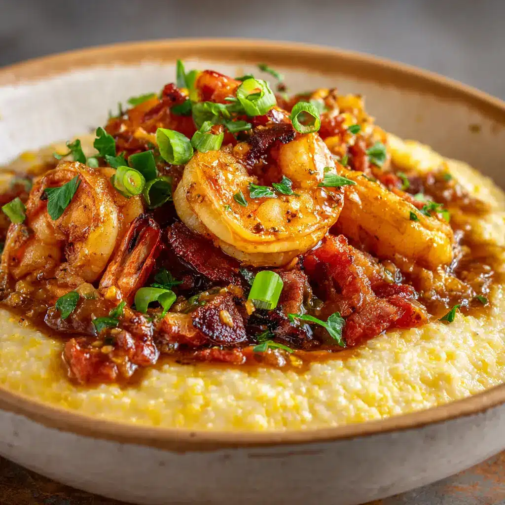 Savory shrimp and bacon cooking in a skillet to create a rich gravy for the classic shrimp and grits recipe, highlighting a key step in the process.
