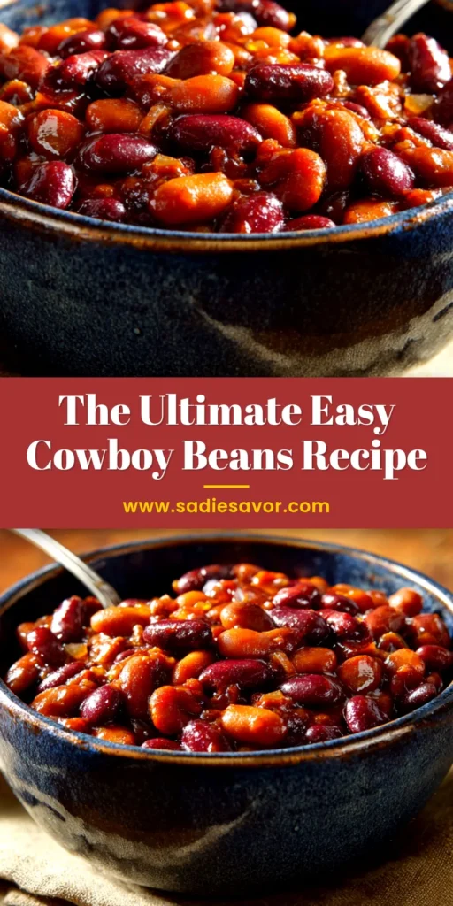 A close-up overhead shot of a blue ceramic bowl filled with hearty Cowboy Beans Recipe, showing ground beef, bacon, and a rich, dark sauce.