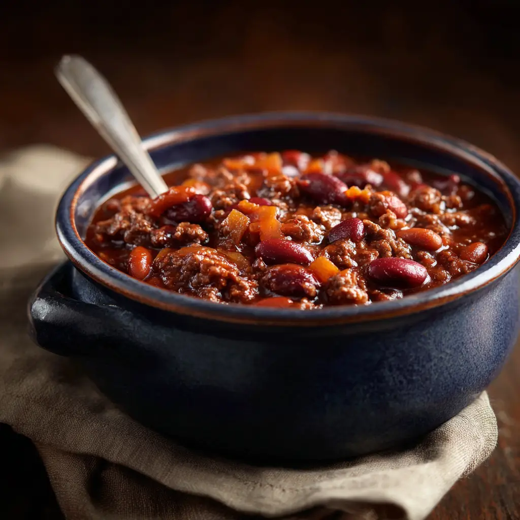 A spoonful of cowboy beans with ground beef being lifted from a blue bowl, showcasing the thick and hearty consistency of the dish.