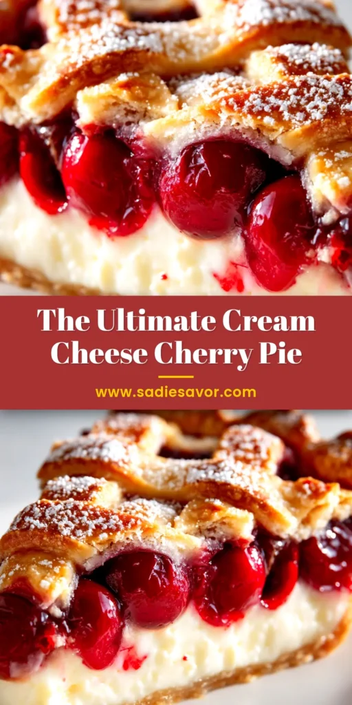 A beautiful slice of Cream Cheese Cherry Pie on a white plate, showcasing the creamy filling, cherry topping, and graham cracker crust.