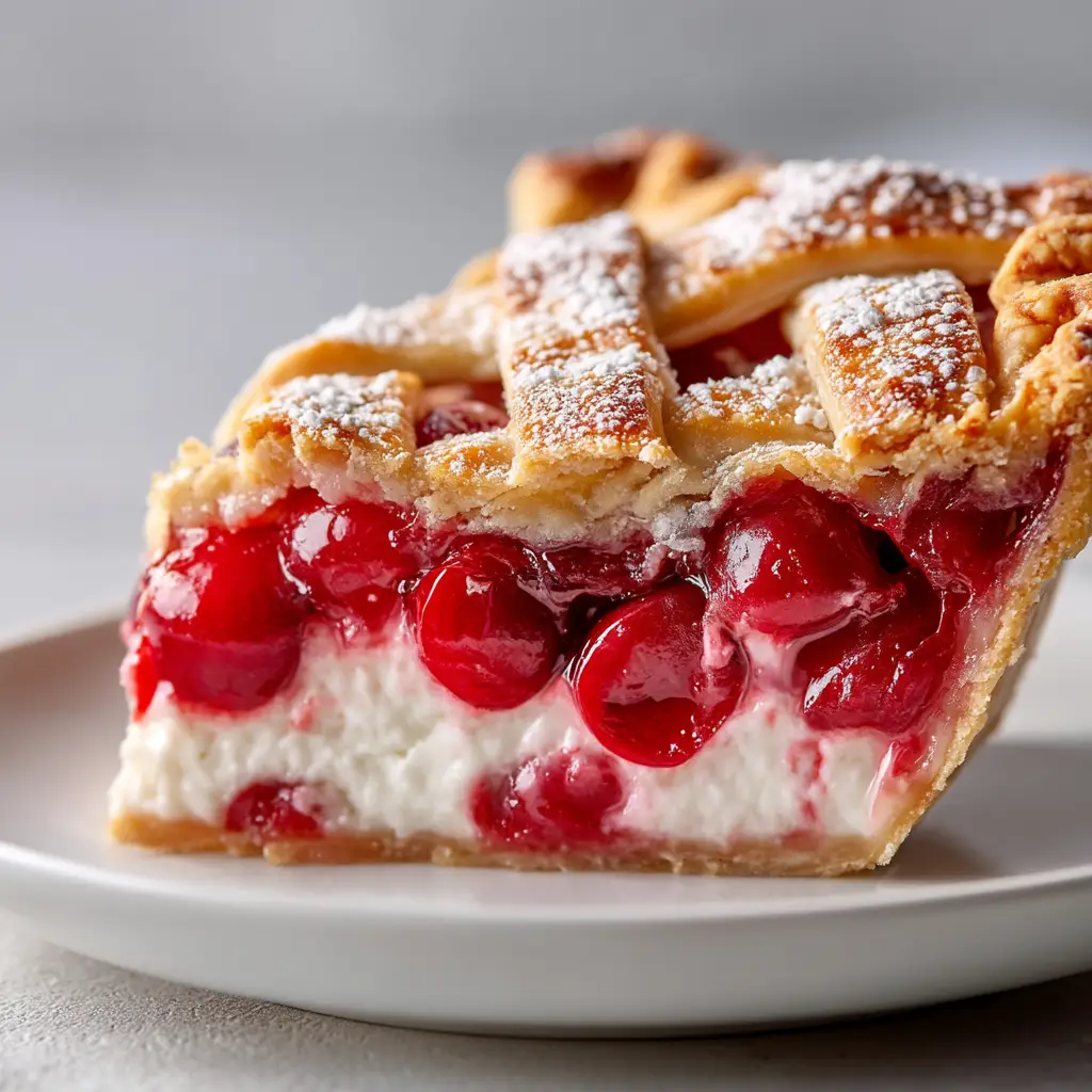 A close-up texture shot of the creamy cream cheese filling for the cherry pie being spread into the crust.