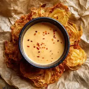 An overhead close-up of a bowl of creamy Bloomin Onion Sauce. This zesty dipping sauce is perfect for fries, onion rings, and more.