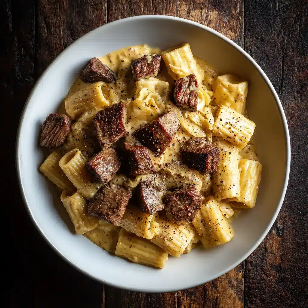 Cajun Steak Pasta: A Creamy, Spicy, 30-Minute Meal 2 A close-up view of the creamy Cajun steak pasta, showing tender pieces of seared steak and sliced bell peppers in a rich, orange-hued sauce.