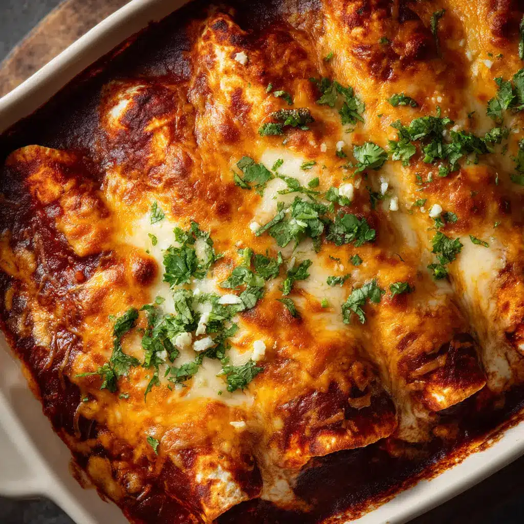 A single serving of a cheesy chicken enchilada on a plate, with a fork cutting into it to show the creamy chicken filling inside.