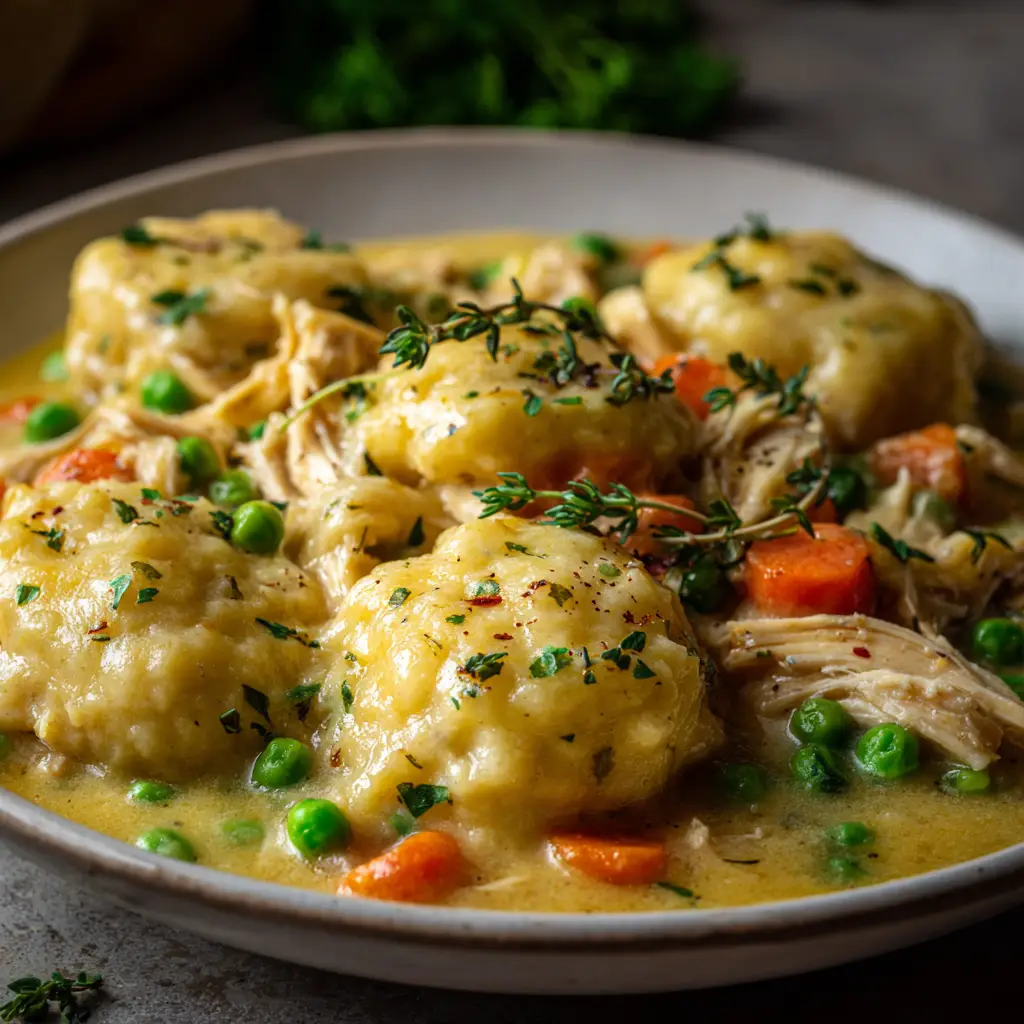 A spoonful of creamy chicken and dumpling soup, showing the tender shredded chicken, vegetables, and a piece of a fluffy dumpling.