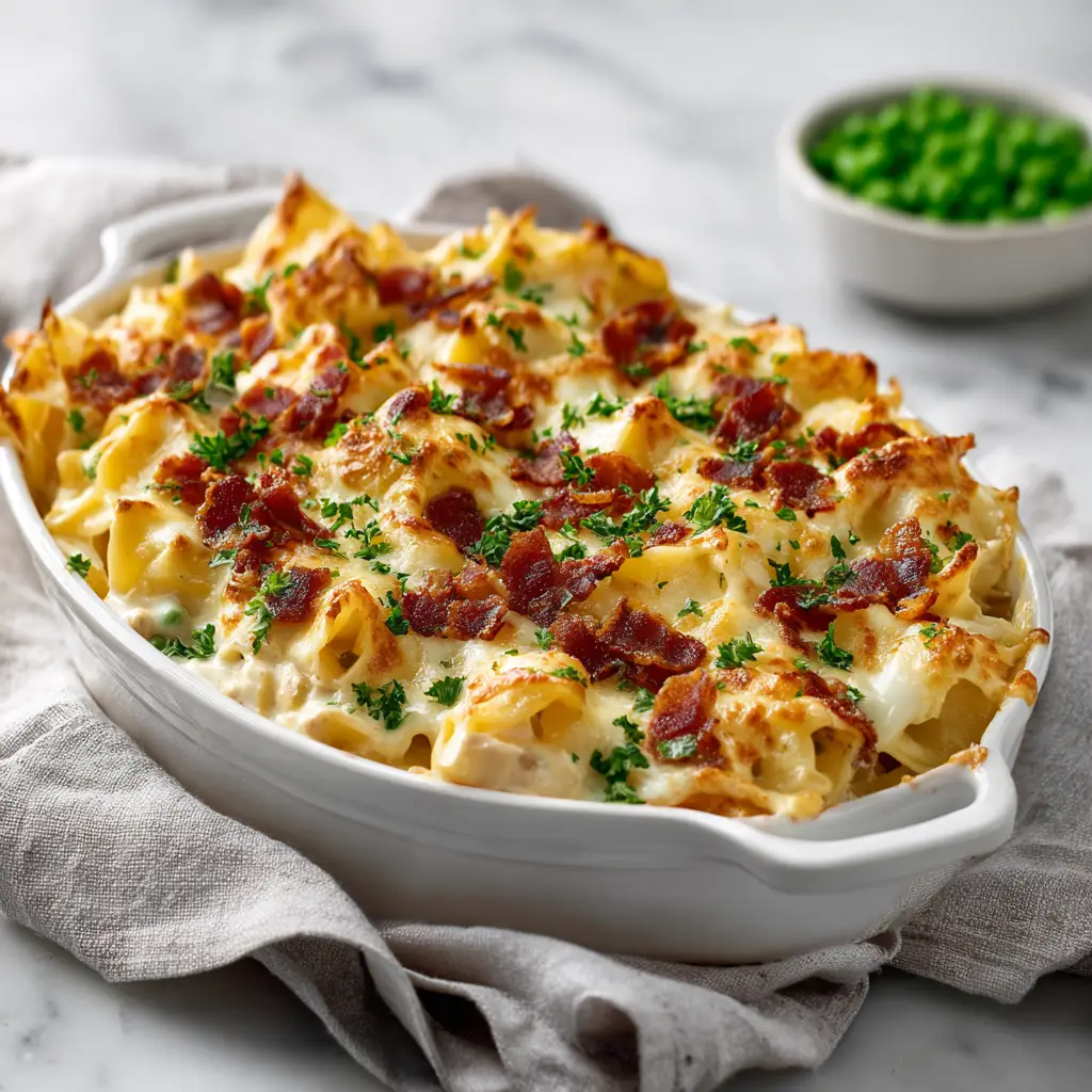 A serving of creamy chicken bake on a white plate, garnished with fresh green onions.