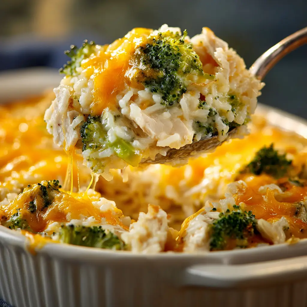 Chicken Broccoli and Rice Casserole (The Ultimate Comfort Meal) 2 An extreme close-up shot of the creamy chicken broccoli rice bake, showing the texture of the chicken, rice, and cheese sauce.