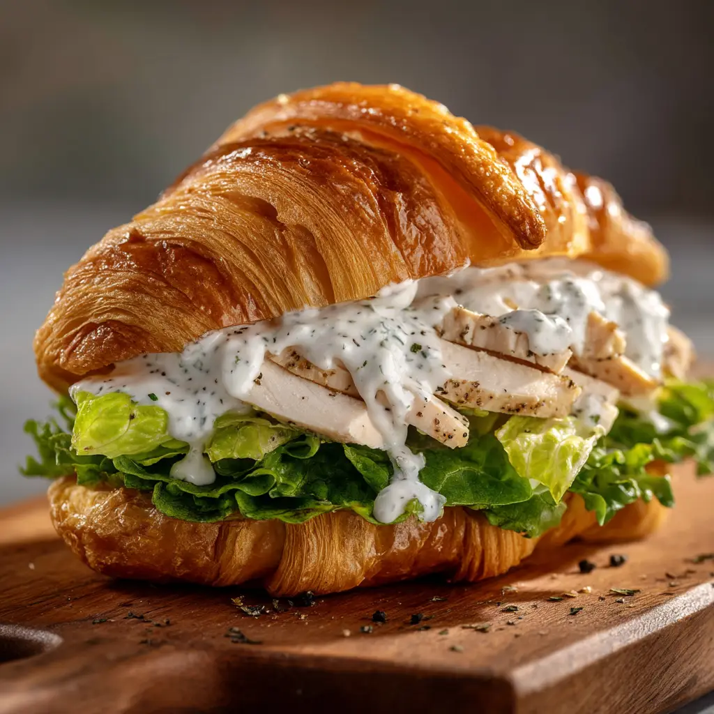 A close-up of the creamy chicken Caesar filling being mixed in a bowl.