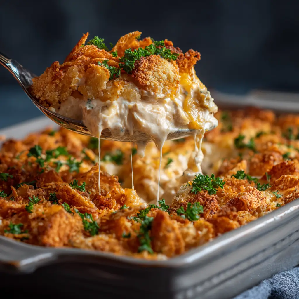 A close-up action shot of a spoon scooping creamy chicken casserole out of a baking dish, highlighting the tender chicken and vegetable filling.