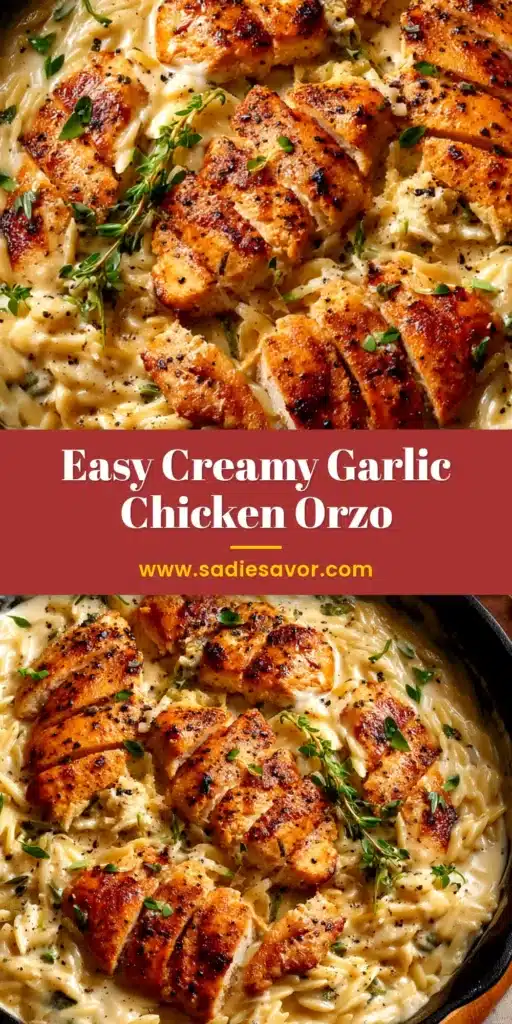 A close-up shot of Creamy Chicken Orzo in a white bowl, garnished with fresh parsley. The perfect one-pot chicken and orzo recipe.