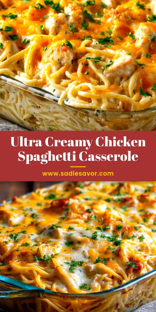 A scoop of creamy chicken spaghetti casserole on a white plate, showing tender chicken, pasta, and a rich, cheesy sauce. The perfect weeknight dinner idea.