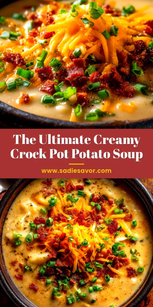 Crock Pot Potato Soup (The Creamiest, Easiest Recipe!) 4 A warm bowl of creamy Crock Pot Potato Soup topped with shredded cheddar cheese, crispy bacon, and fresh green onions. A spoon is resting in the bowl.