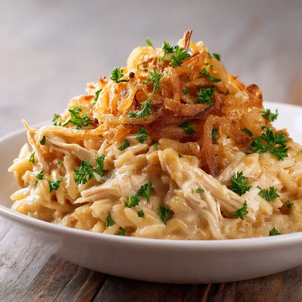 French Onion Chicken Orzo Casserole (The Ultimate Comfort Meal) 2 A close-up spoonful of the creamy chicken orzo bake, showing the caramelized onions and tender chicken pieces mixed with pasta.