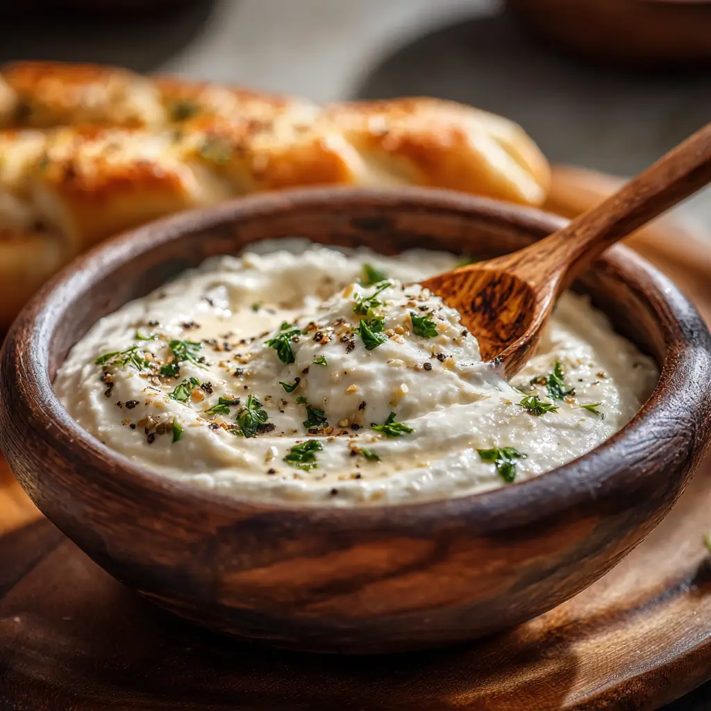 Creamy Garlic Pizza Sauce (The BEST White Pizza Sauce) 2 A close-up of the simple ingredients for homemade garlic pizza sauce, including garlic, parmesan, and cream cheese.