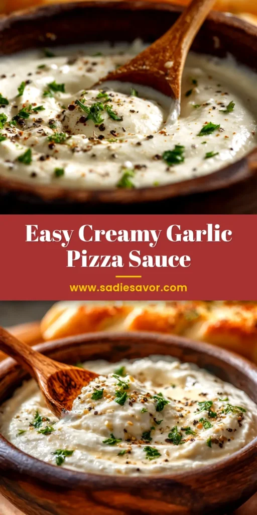Creamy Garlic Pizza Sauce (The BEST White Pizza Sauce) 3 A bowl of rich and creamy garlic pizza sauce, ready to be spread on a pizza. The perfect white pizza sauce recipe for homemade pizza night.