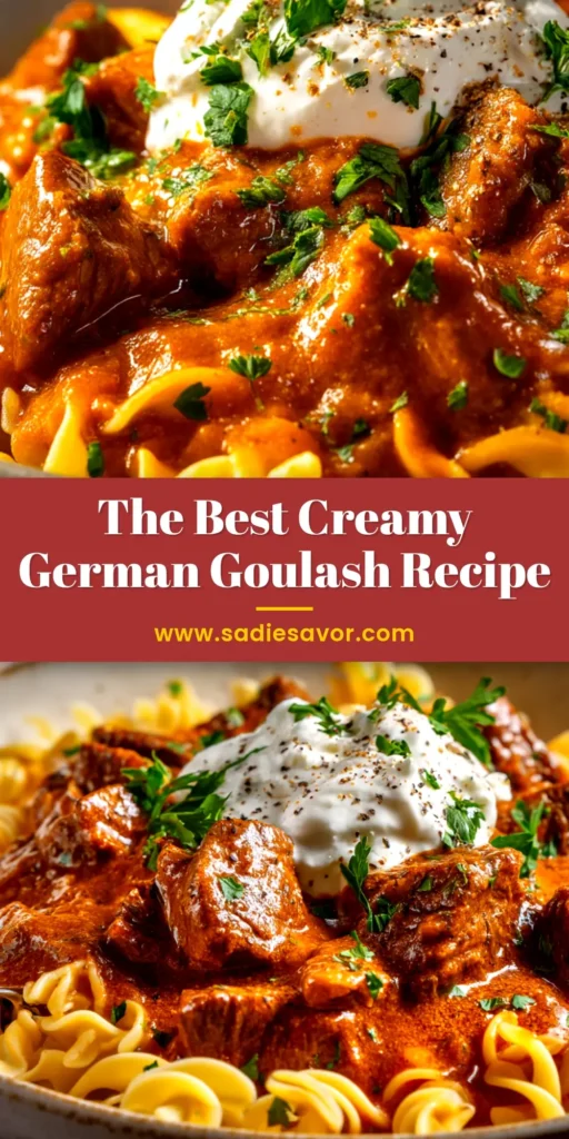 A delicious bowl of Creamy German Goulash served over egg noodles, garnished with fresh parsley. The perfect authentic and easy beef goulash recipe for a cozy dinner.