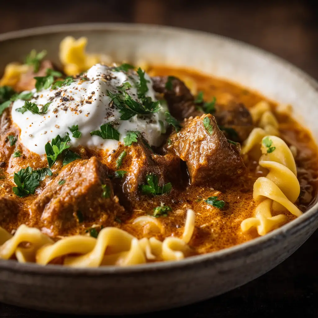 A spoonful of creamy German goulash being lifted from a pot, highlighting the rich and velvety texture of the paprika-infused gravy.