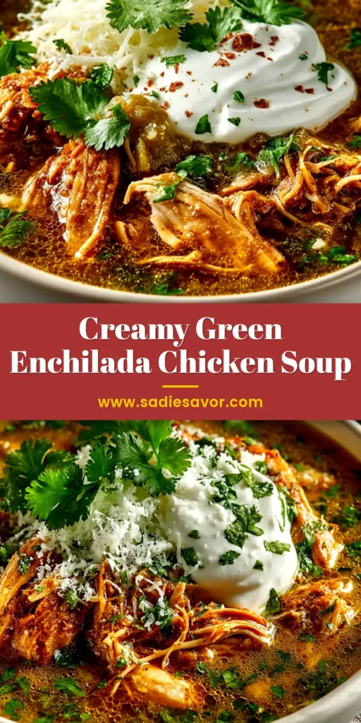 A delicious bowl of creamy Green Enchilada Chicken Soup, topped with fresh cilantro, avocado, and tortilla strips. A spoon is lifting a bite out of the bowl.