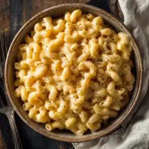 An extreme close-up overhead shot of homemade stovetop mac and cheese in a rustic bowl, showcasing the creamy cheese sauce.