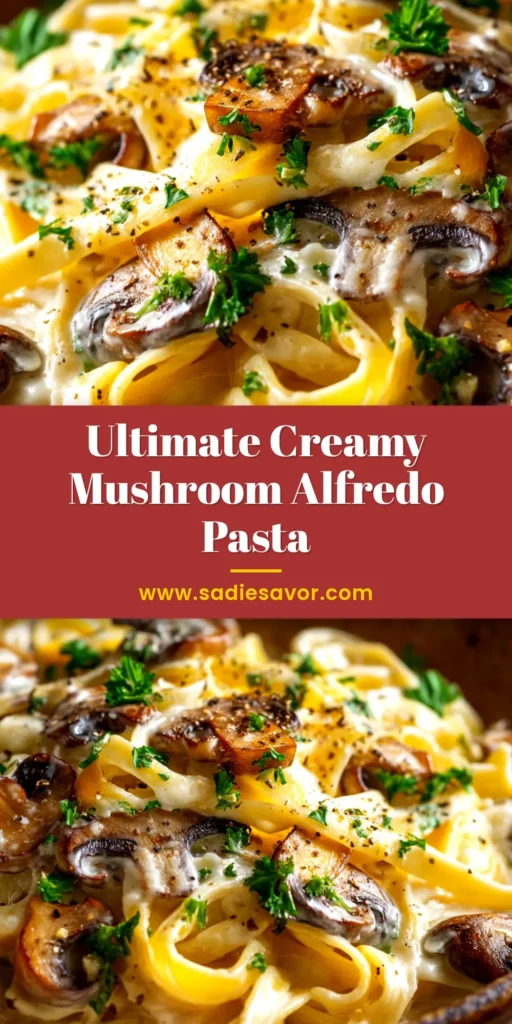 A close-up overhead shot of a white bowl filled with Creamy Mushroom Alfredo, garnished with fresh parsley and parmesan cheese.