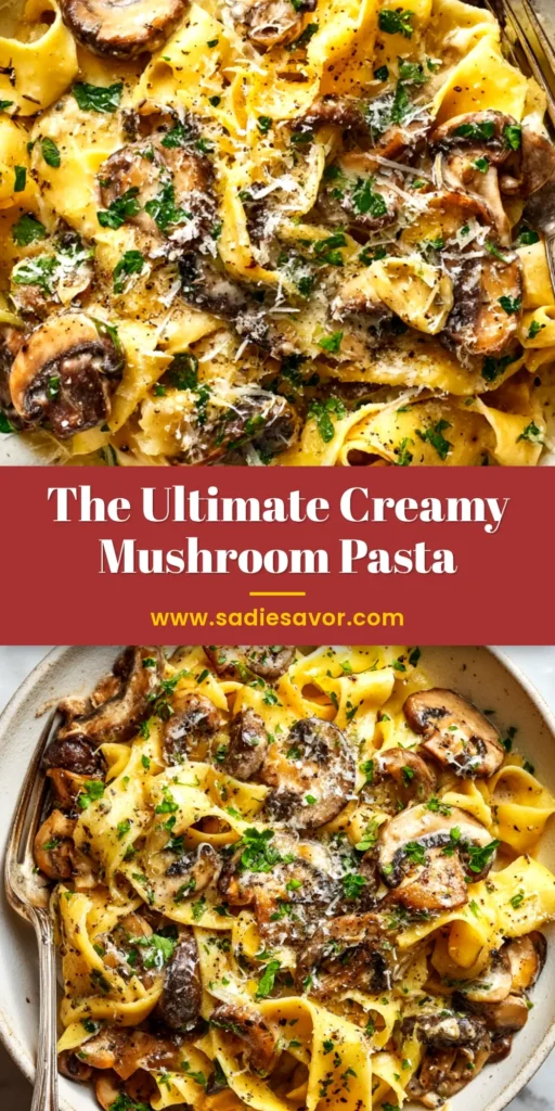 A stunning overhead shot of Creamy Mushroom Pappardelle in a white bowl, garnished with fresh parsley. The perfect pin to save for a delicious weeknight pasta dinner.