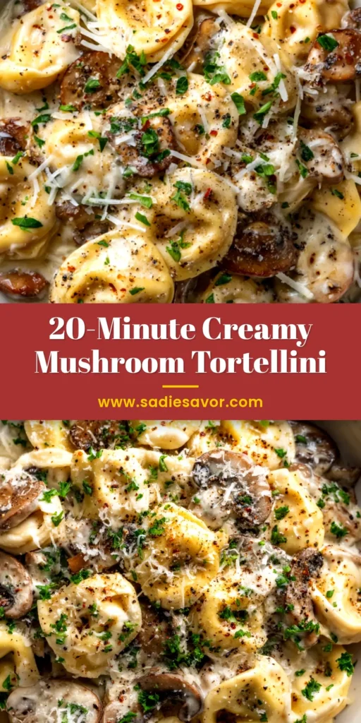 A top-down view of a white bowl filled with creamy mushroom tortellini, garnished with fresh parsley and grated parmesan cheese.