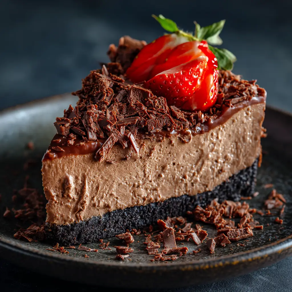 No Bake Nutella Cheesecake: The Ultimate Creamy & Easy Recipe 2 A close-up of a perfect slice of creamy no bake Nutella cheesecake on a plate, revealing its smooth texture and crunchy Oreo crust.
