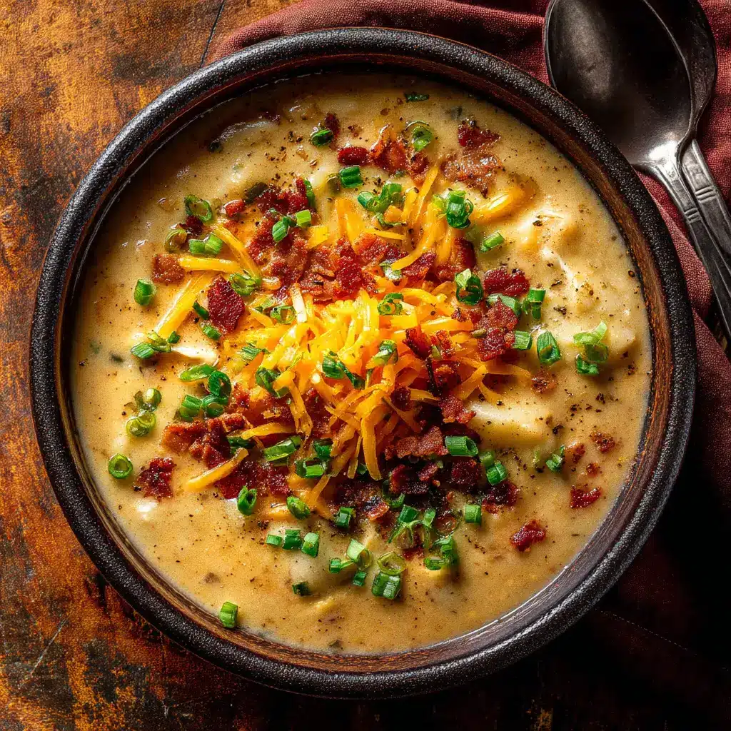 Crock Pot Potato Soup (The Creamiest, Easiest Recipe!) 2 An overhead view of a rich and creamy slow cooker potato soup in a white bowl, showing its thick and hearty texture before toppings are added.