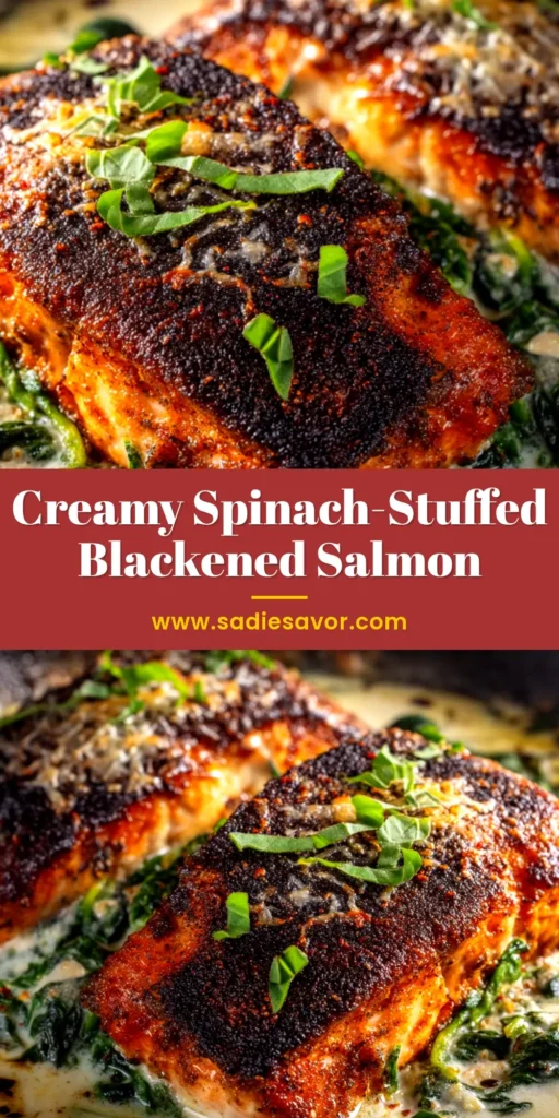 A close-up shot of a perfectly baked stuffed salmon fillet, filled with a creamy spinach and feta mixture, ready to be served. The perfect easy and elegant dinner idea.