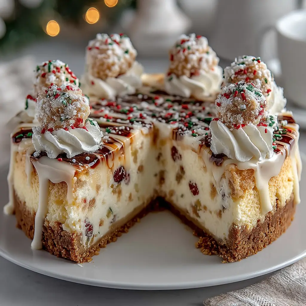 A top-down view of the gourmet Sugar Cookie Cheesecake, emphasizing its smooth, flawless top before being sliced.