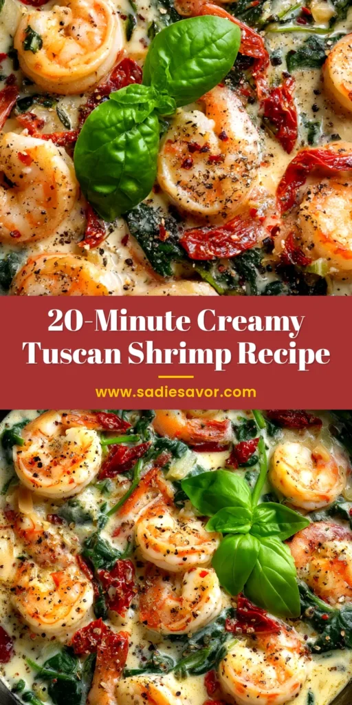 A close-up overhead shot of Creamy Tuscan Shrimp in a skillet, showing succulent shrimp, sun-dried tomatoes, and spinach in a rich cream sauce.